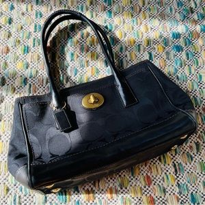 Authentic Black Coach Madeline Hampton Canvas & Leather All-Over-Print Handbag
